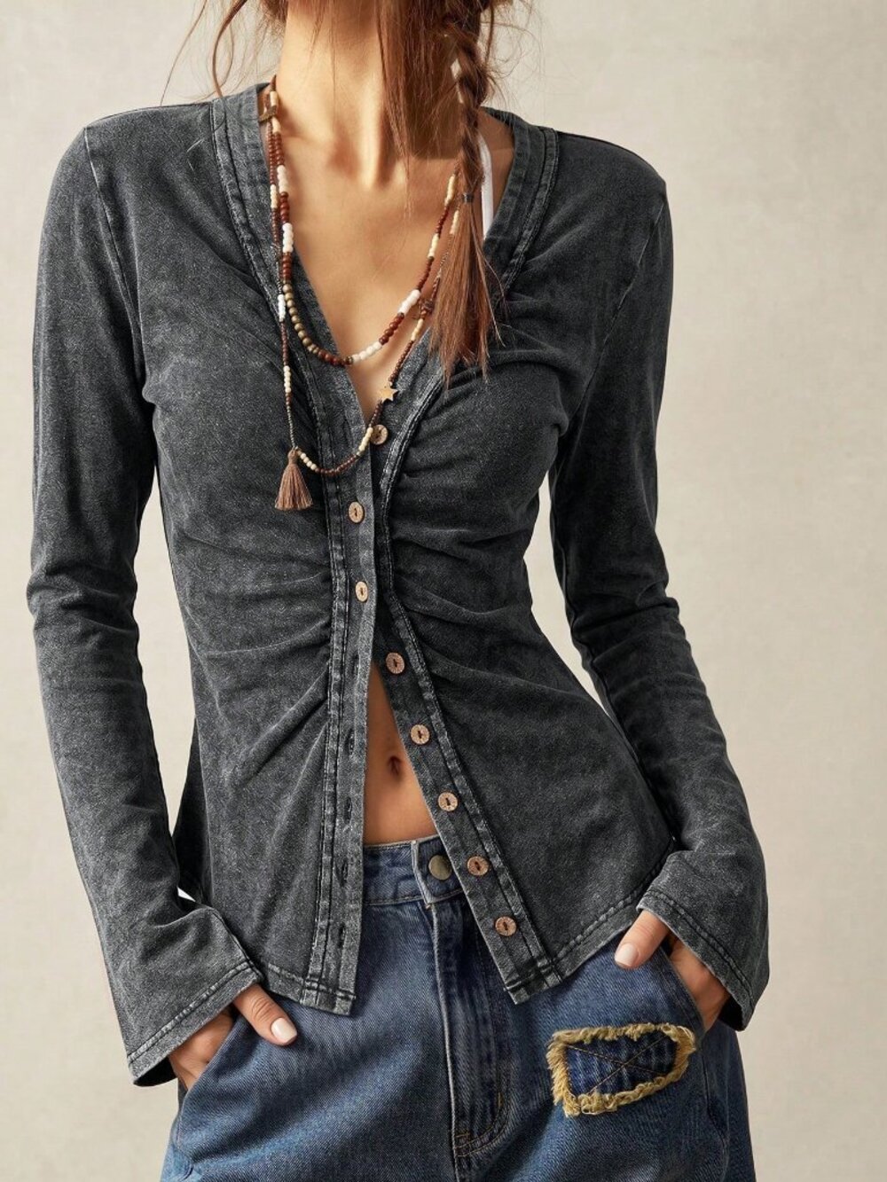Black Casual Women's Knit V-Neck Long Sleeve T-Shirt